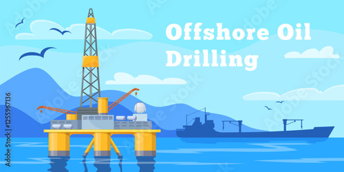 Offshore oil rig. Ocean or sea petrol drilling platform silhouette, gas crude petroleum well extraction oils exploration refinery industry concept banner, neat vector illustration