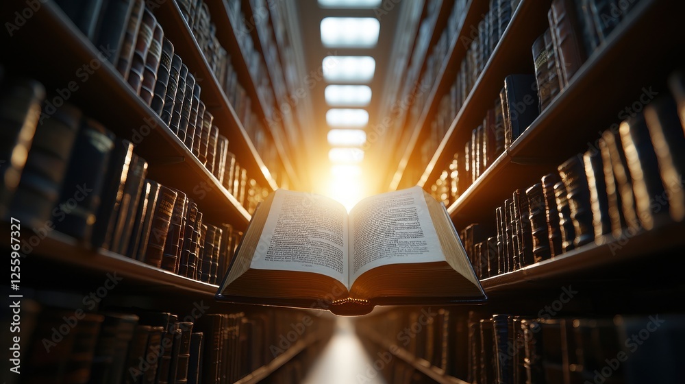 Fototapeta premium Open Book in Grand Library, Knowledge & Wisdom