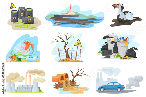 Environment contamination set. Environmental pollution sources, global ecology destruction industrial harmful exhaust pollute air water radioactive garbage neat vector illustration