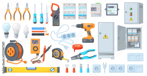 Cartoon electrician tools. Electricity repair work tool, electric power energy service set plug wire cable screwdriver socket electronics meter switcher, neat vector illustration