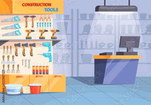 Tool store interior. Hardware shop room, repair market showcase and shelf with construction tools for builder work improvement instruments retail, cartoon neat vector illustration