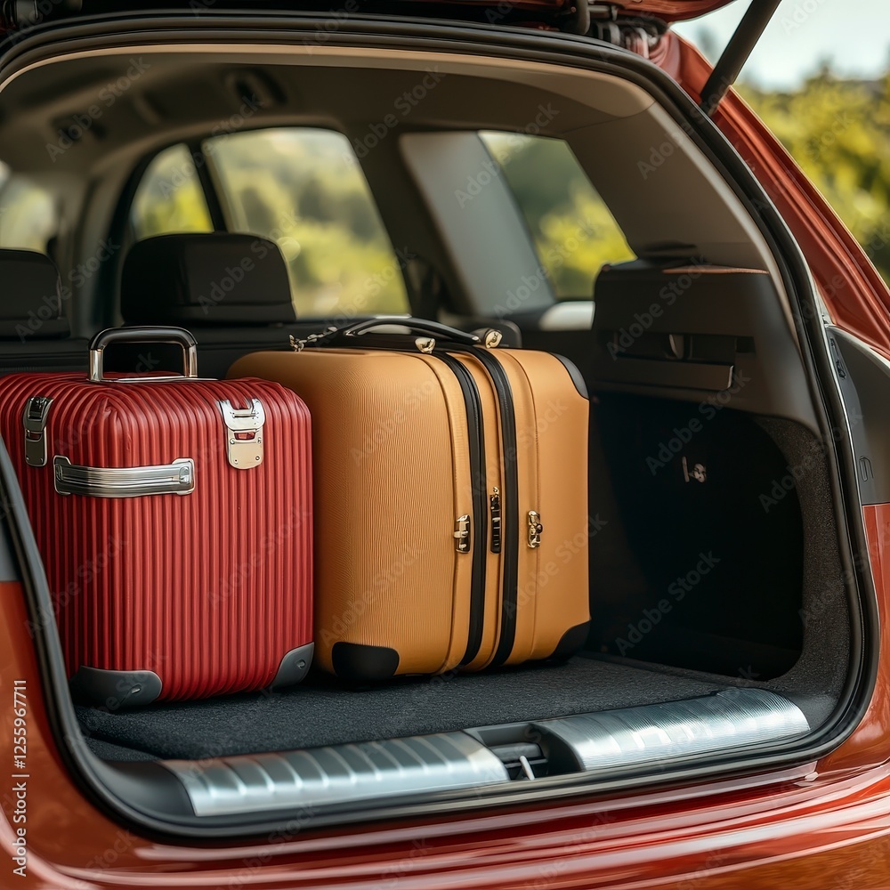 Stylish Luggage in Car Trunk Ready for Travel Adventure Unpacking Stylish Luggage in Car Trunk Ready for Travel Adventure Unpacking