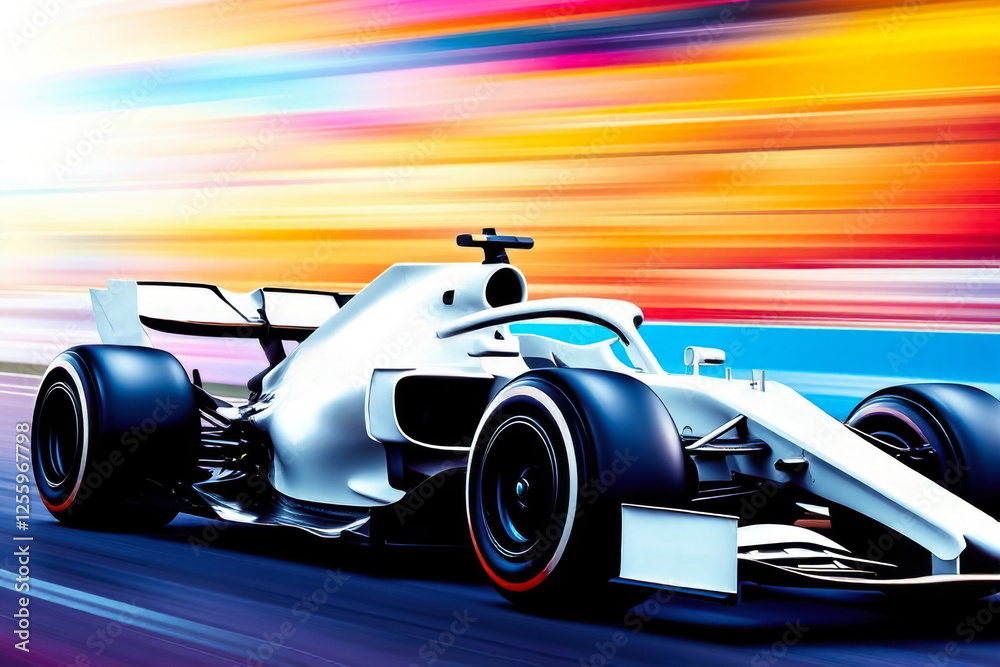 white modern formula one grand prix racing car driving on track with neon motion blur white modern formula one grand prix racing car driving on track with neon motion blur