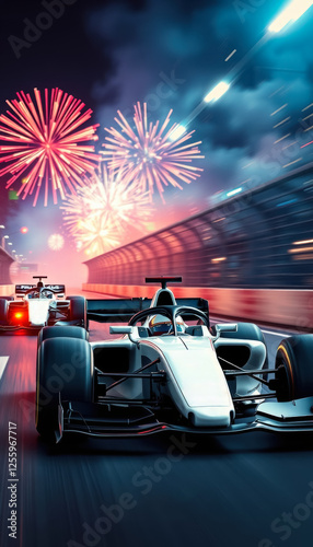 white formula cars on night race track with lots of fireworks formula 1 grand prix race