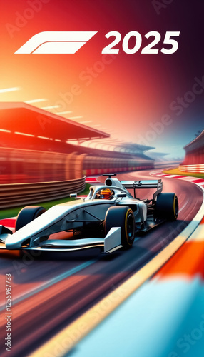 white modern 2025 formula one grand prix racing car driving on track with sunset and motion blur