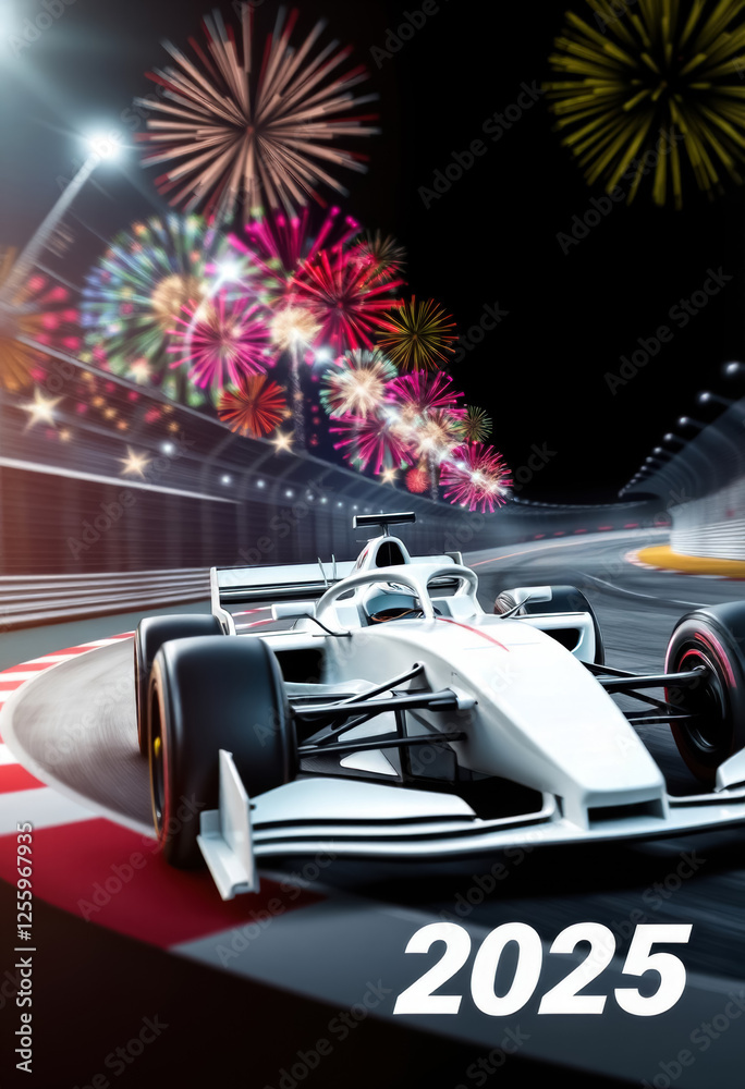 Naklejka premium 2025 Formula 1 Grand Prix car drives on night track with fireworks in the background