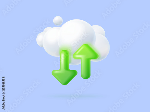 3d download cloud. Clouds storage service for mobile or computer, arrow down load upload data backup shelf loading content web hosting server technology, exact vector illustration