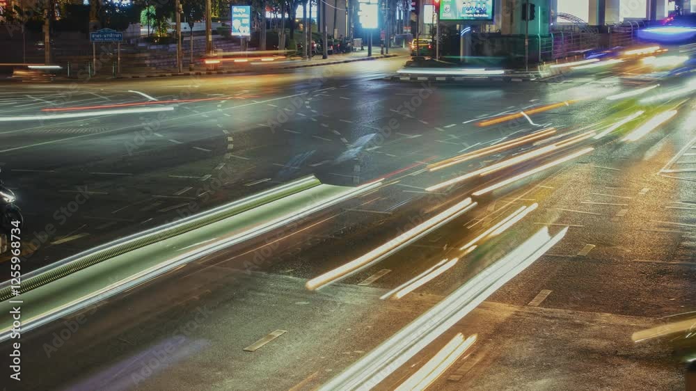 timelapse mesmerizing view of nighttime traffic in an urban setting. The video showcases colorful cars with motion blur as they navigate intersections, creating vibrant light trails on wet streets, ca