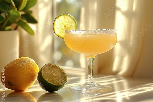 Elegant cocktail in coupe glass with lime garnish and salted rim lemon and lime soft sunlight Refreshing drink with citrus flavors