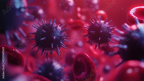 Realistic 3d illustration of virus particles among red blood cells in human bloodstream environment photo