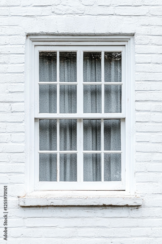White window with curtains on brick wall White window with curtains on brick wall