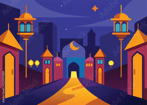 Festive Ramadan Street Scene, Lanterns, Decorations, Celebration eid art city arab moon night muslim