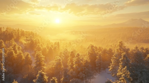Breathtaking winter sunrise over a snow covered forest with golden sunlight and dramatic shadows