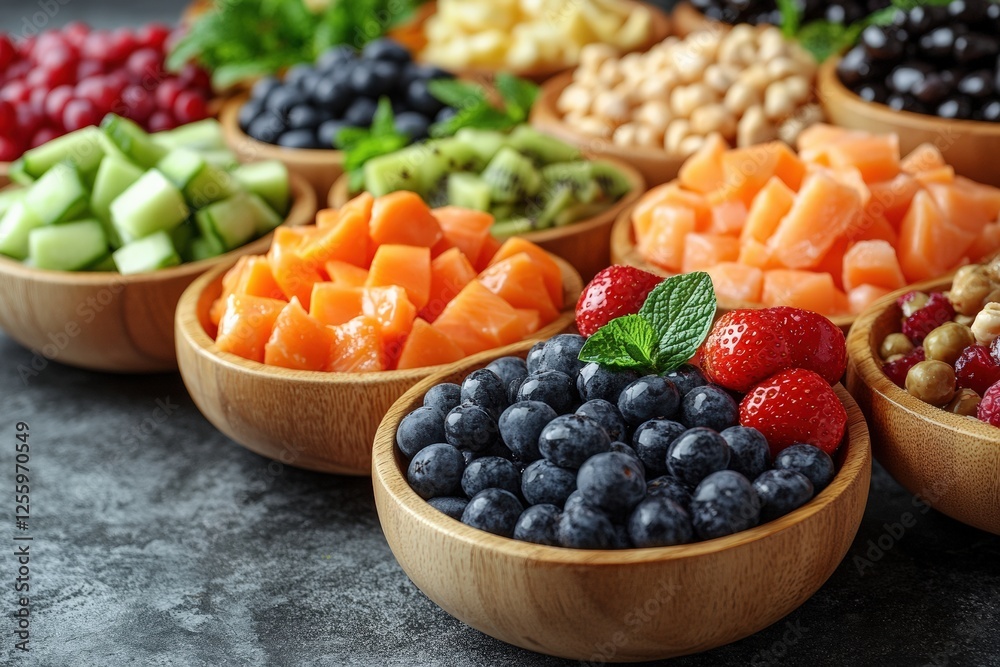 Various fresh fruits and berries arranged in wooden bowls, showcasing healthy, vibrant, and nutritious ingredients, including strawberries, blueberries, papaya, kiwi, cucumber, and more. Various fresh fruits and berries arranged in wooden bowls, showcasing healthy, vibrant, and nutritious ingredients, including strawberries, blueberries, papaya, kiwi, cucumber, and more.