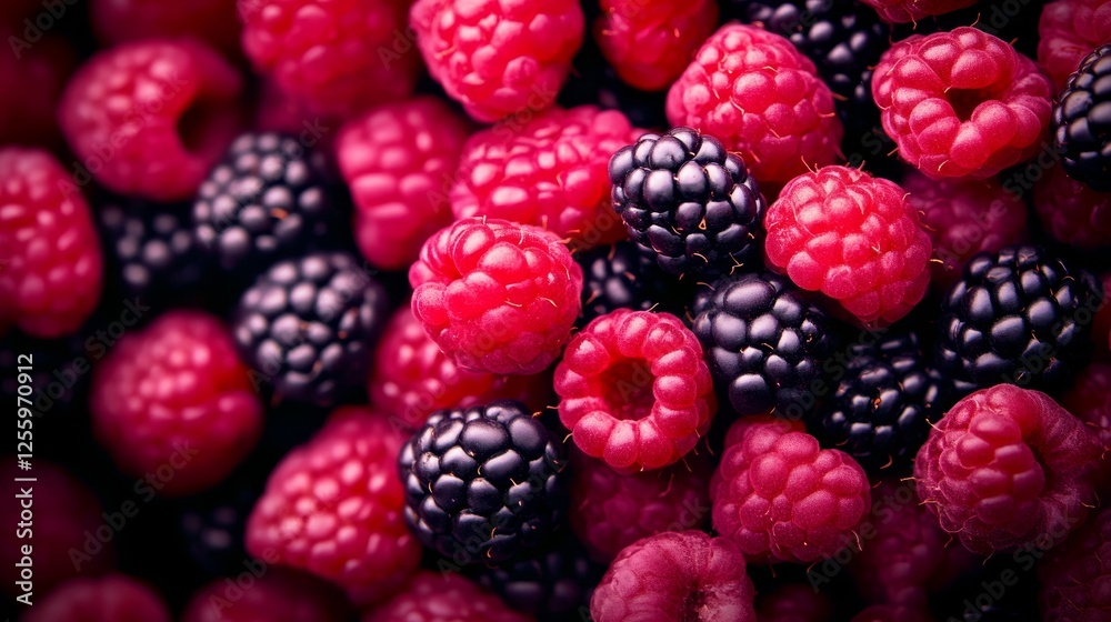 Close-up of fresh blackberries and raspberries piled together, showcasing vibrant color and textures