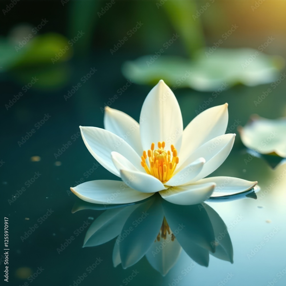 Single white orchid floats on calm water surface, petal, zen, image Single white orchid floats on calm water surface, petal, zen, image