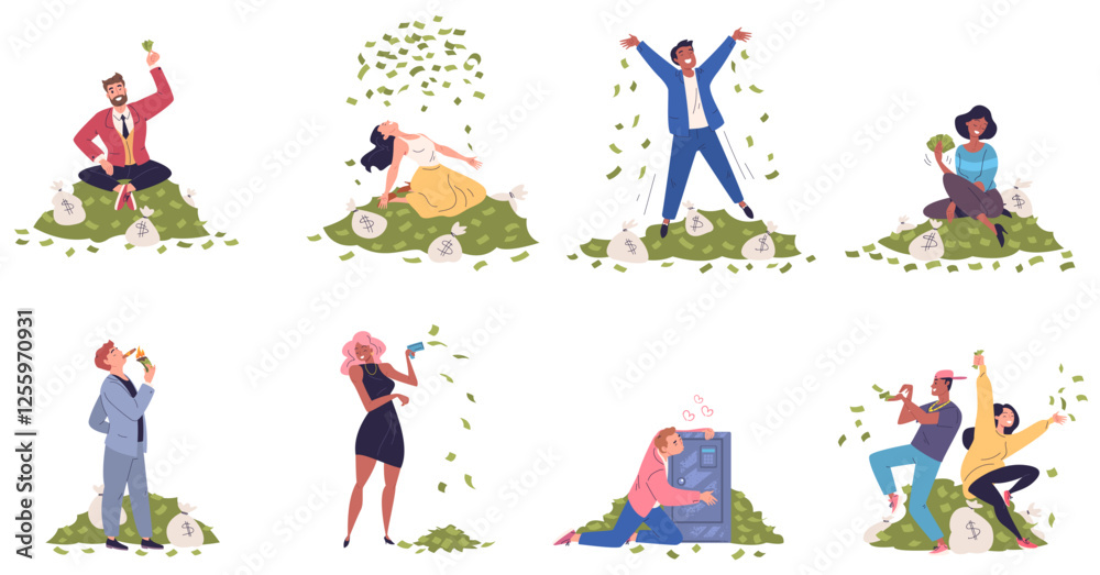 Fototapeta premium Happy rich people. Careless finance concept, wealthy person throw money cash lot wealth abundance man woman billionaire millionaire business characters classy vector illustration