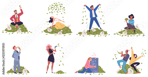 Happy rich people. Careless finance concept, wealthy person throw money cash lot wealth abundance man woman billionaire millionaire business characters classy vector illustration