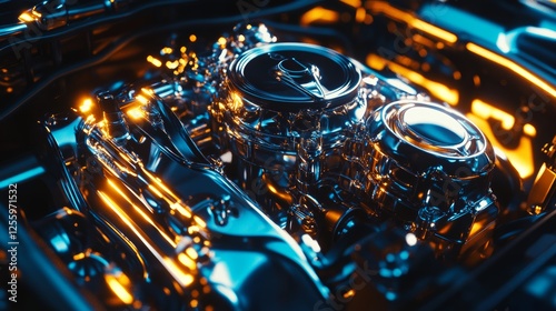 Close up of a modern luxury car s v8 engine with chrome components for commercial use photo