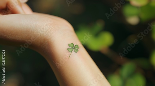 Elegant green clover leaf tattoo on a female wrist in a natural setting