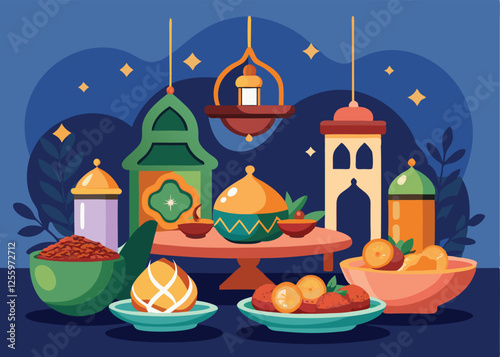 Ramadan Iftar Feast, A Bountiful Table of Traditional Dishes Food Dates Muslim Arabic Vector Design 