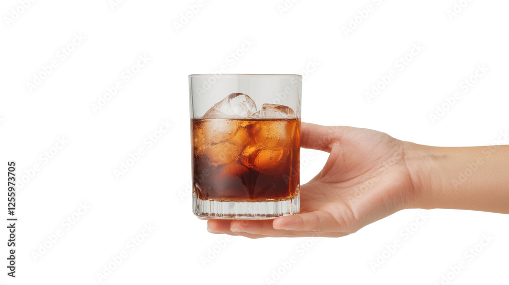 A refreshing glass of iced dark beverage held in a hand, perfect for summer gatherings or relaxing moments. A refreshing glass of iced dark beverage held in a hand, perfect for summer gatherings or relaxing moments.