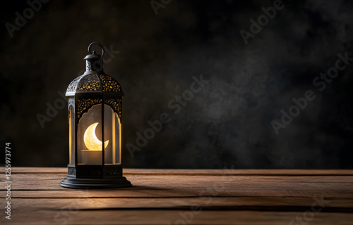 Ramadan Kareem greeting. Islamic crescent moon and lantern. End of fasting. ramadan decorations, Eid al-Fitr. Breaking of holy fast day. Muslim holiday. Arab night sky. photo