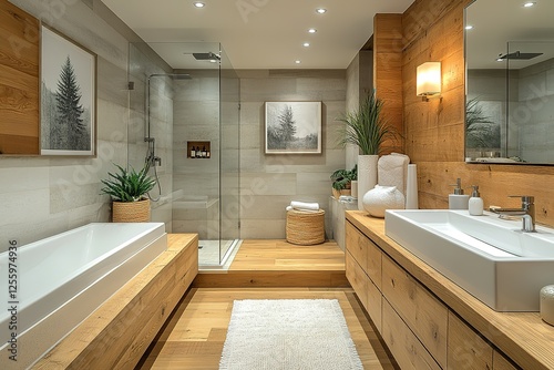 Serene modern bathroom with warm wood accents natural light and minimalist design for a relaxing and stylish spa-like retreat