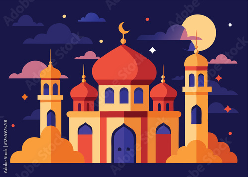 Ramadan Mubarak, Festive Mosque Domes & Minarets, Elegant Islamic Design Eid Art Arab Faith Muslim  