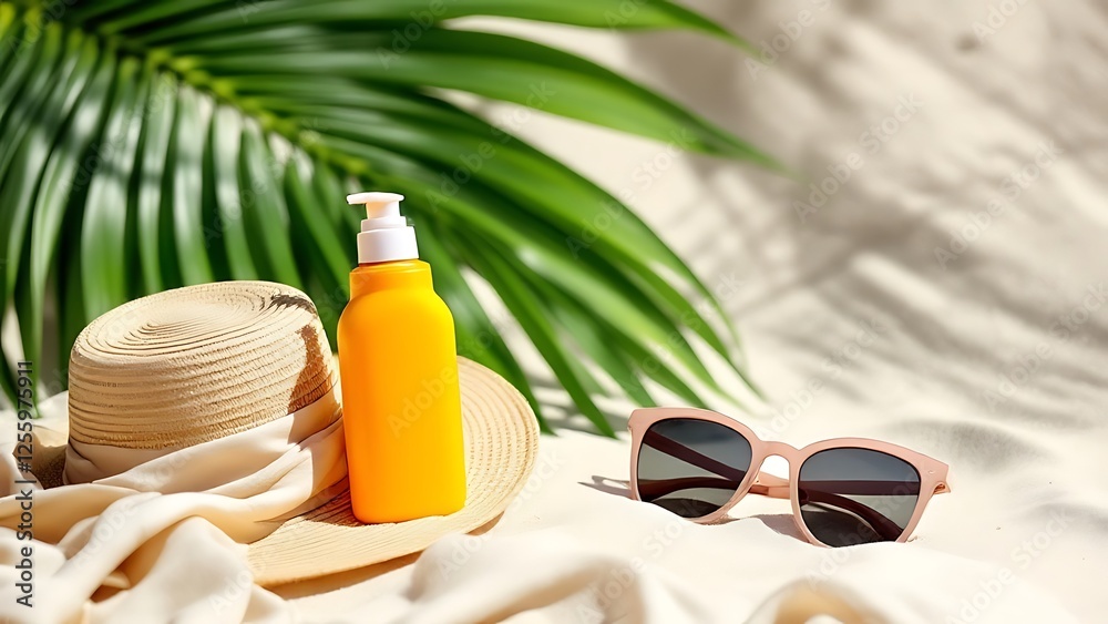 Orange sunscreen bottle, sunglasses and straw hat lying on pink sarong on sandy beach under tropical monstera leaf, creating relaxing summer vacation mood Orange sunscreen bottle, sunglasses and straw hat lying on pink sarong on sandy beach under tropical monstera leaf, creating relaxing summer vacation mood