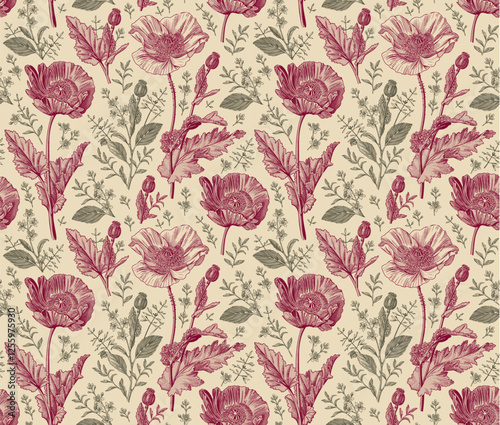 Wallpaper Mural Seamless pattern. Beautiful blooming realistic isolated flowers. Vintage background fabric. Poppy Poppies wildflowers set. Wallpaper baroque. Drawing engraving sketch Vector victorian illustration Torontodigital.ca