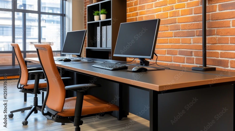 Modern office workspace featuring sleek desks, computers, and a cozy brick wall backdrop Modern office workspace featuring sleek desks, computers, and a cozy brick wall backdrop