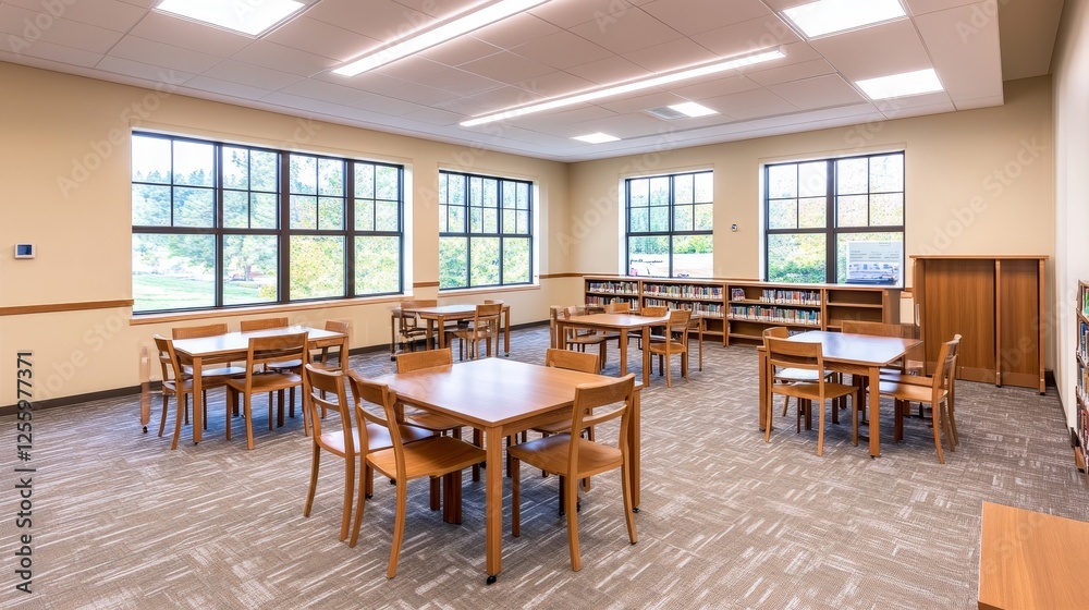 Bright and spacious library study area with wooden tables and chairs, surrounded by large windows Bright and spacious library study area with wooden tables and chairs, surrounded by large windows