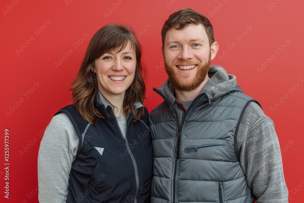 Portrait of a smiling couple in their 20s wearing a lightweight running vest while standing against solid color backdrop Portrait of a smiling couple in their 20s wearing a lightweight running vest while standing against solid color backdrop