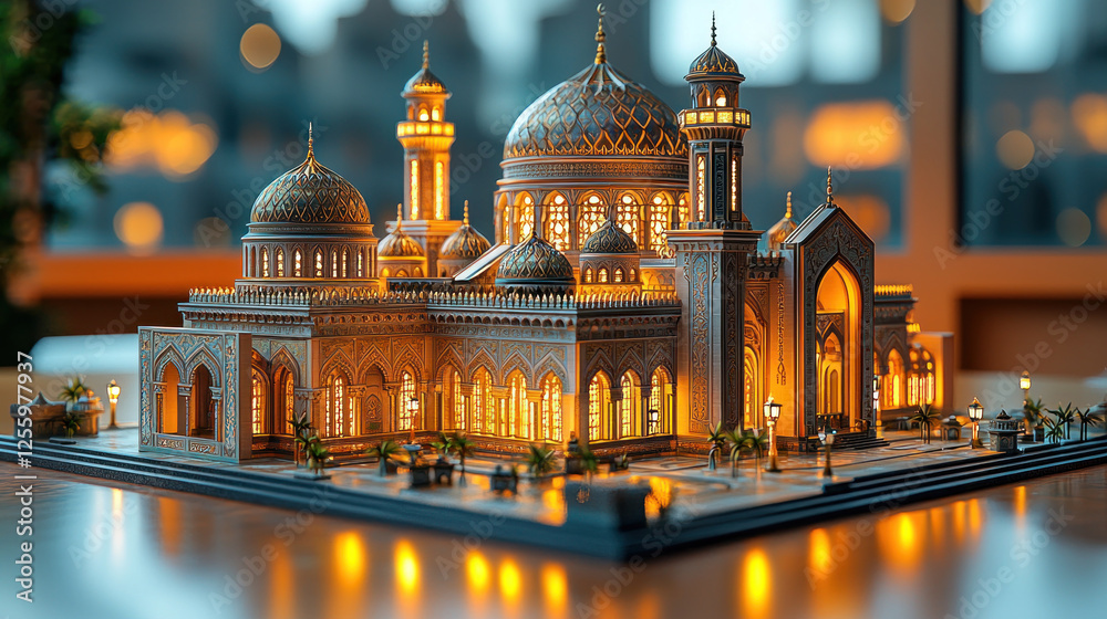 Obraz premium Illuminated mosque model displayed indoors, showcasing architectural details and design