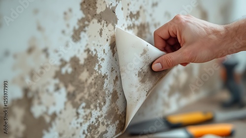 Hand peeling back damp wallpaper revealing toxic black mold growing on wall
