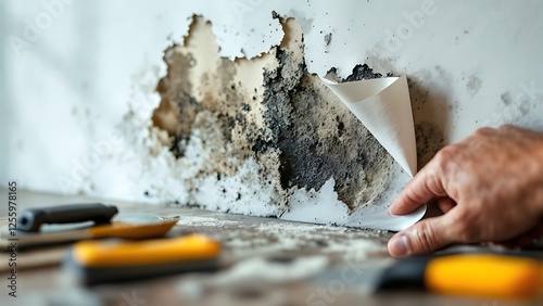 Hand peeling back damp wallpaper revealing toxic black mold growing on wall