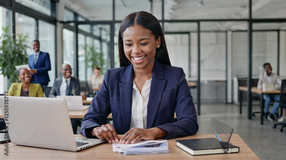 Professional woman smiling while working in a modern office environment Professional woman smiling while working in a modern office environment