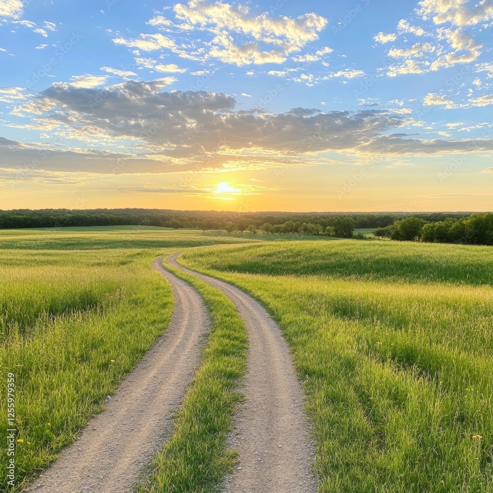 Scenic Gravel Road Leading Through Lush Green Fields at Sunset Scenic Gravel Road Leading Through Lush Green Fields at Sunset