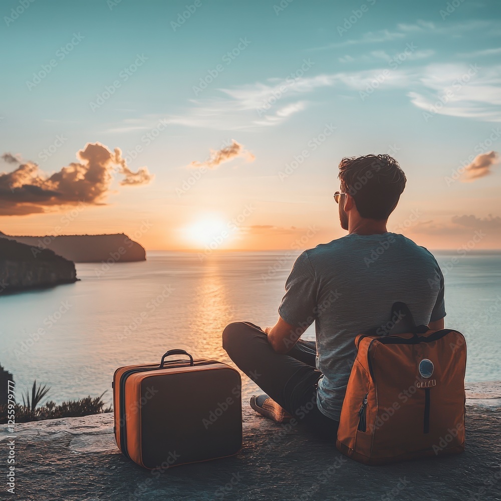 Fototapeta premium Man Observing Sunset Over Calm Sea from Scenic Cliffside Location