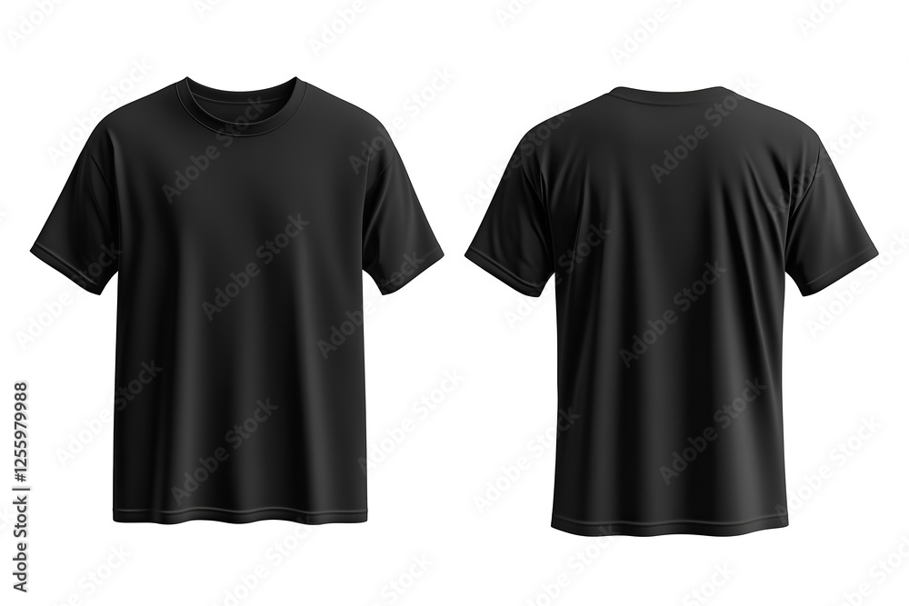Black empty blank front and back side t-shirt mockup template close up detail against transparent PNG background.