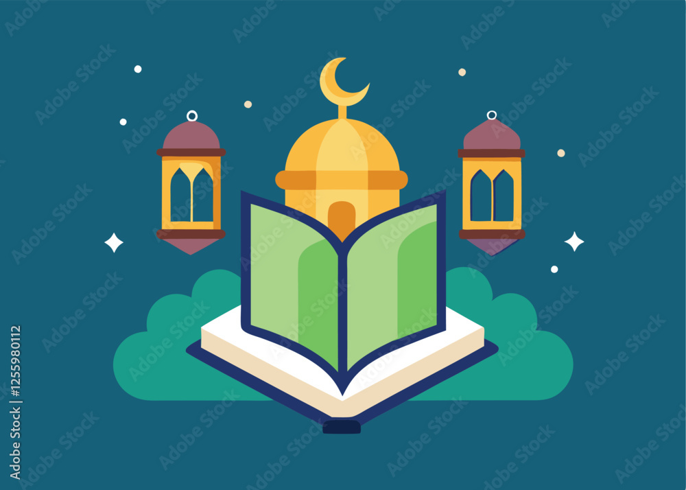 Naklejka premium Ramadan Kareem, Open Quran, Lanterns, Stars. Festive Islamic Vector Design for Greetings, Cards, and