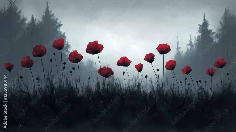 Obraz premium Radiant Poppies Under a Moody Overcast Sky with a Mysterious Landscape and Gentle Hues of Red and Gray in a Tranquil Natural Space