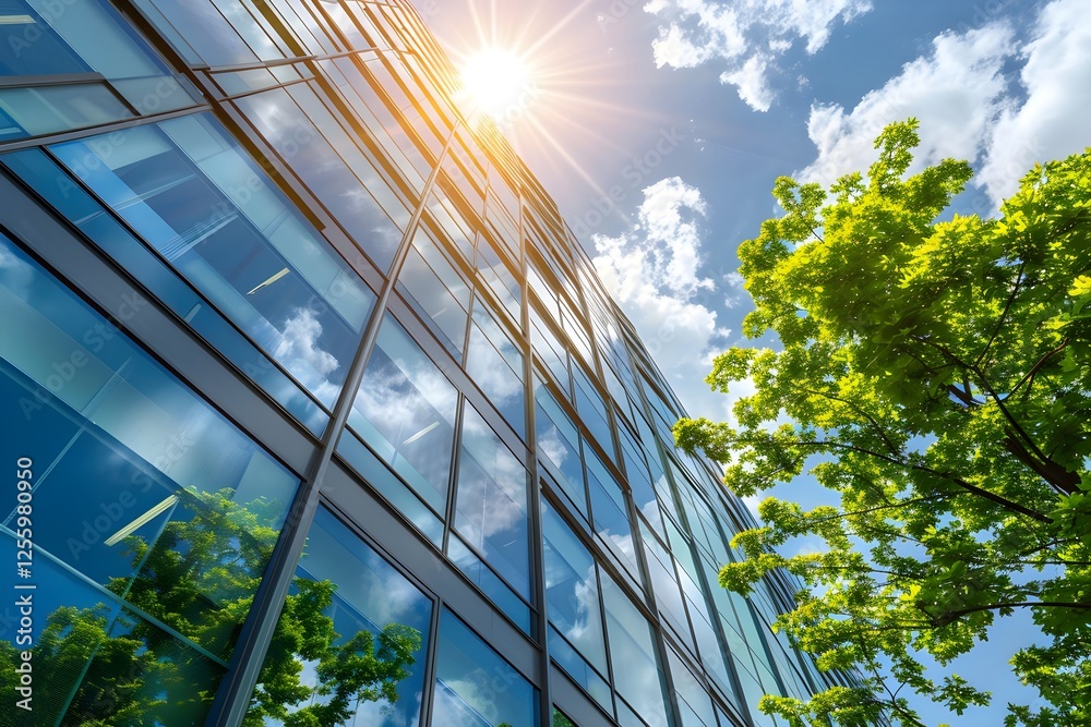 Modern Glass Building Reflecting Sky and Trees: A Stunning Architectural Design with Sustainable Elements, Embracing Nature's Beauty in Urban Spaces, Green Initiatives for Eco-Friendly Construction Modern Glass Building Reflecting Sky and Trees: A Stunning Architectural Design with Sustainable Elements, Embracing Nature's Beauty in Urban Spaces, Green Initiatives for Eco-Friendly Construction