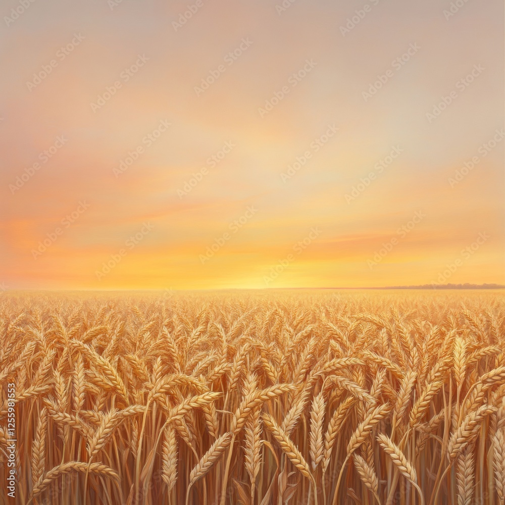 Naklejka premium Golden Wheat Field Under Warm Sunrise Light with Soft Colors