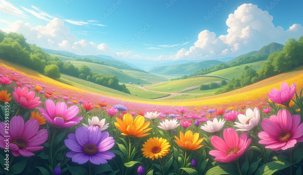 Fototapeta premium A field of flowers with a blue sky in the background.
