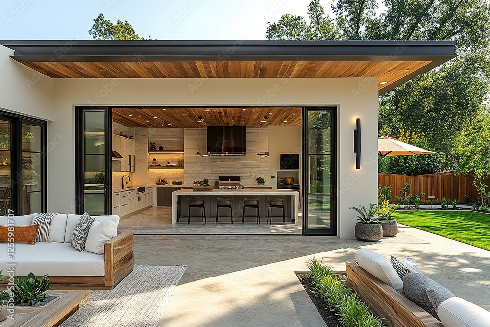 Fototapeta premium Indoor-outdoor living with modern kitchen and patio setup Perfect for entertaining!