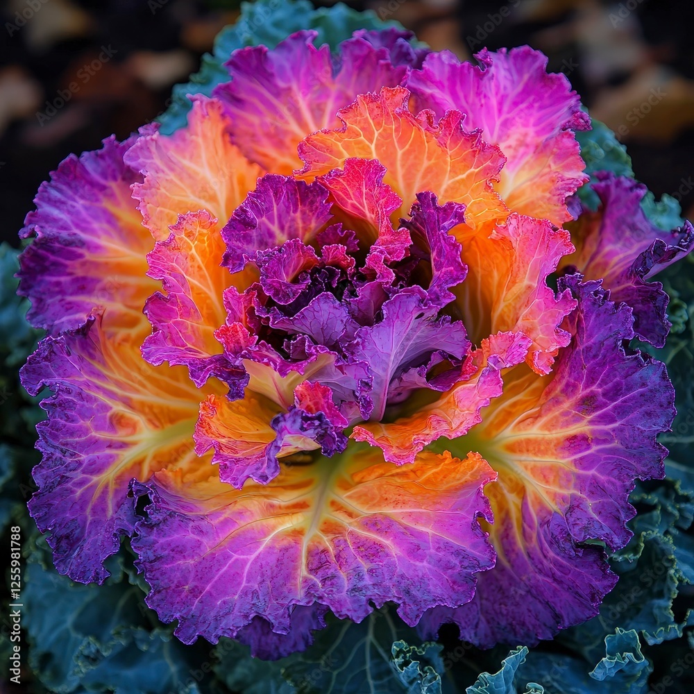 Obraz premium Vibrant Decorative Cabbage with Colorful Purple and Orange Leaves