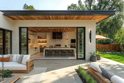 Indoor-outdoor living with modern kitchen and patio setup Perfect for entertaining!