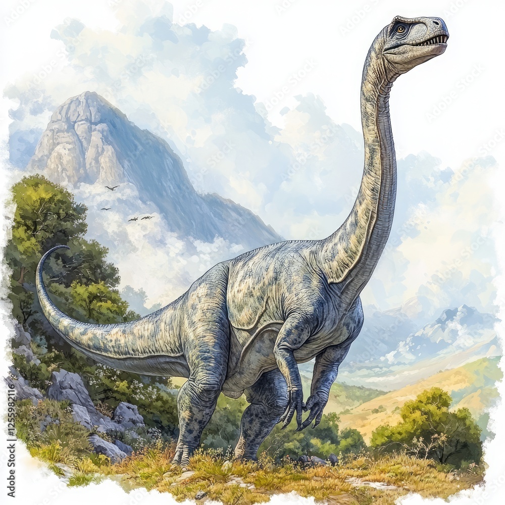 Fototapeta premium Majestic Dinosaur in Mountainous Landscape with Lush Greenery and Clear Sky